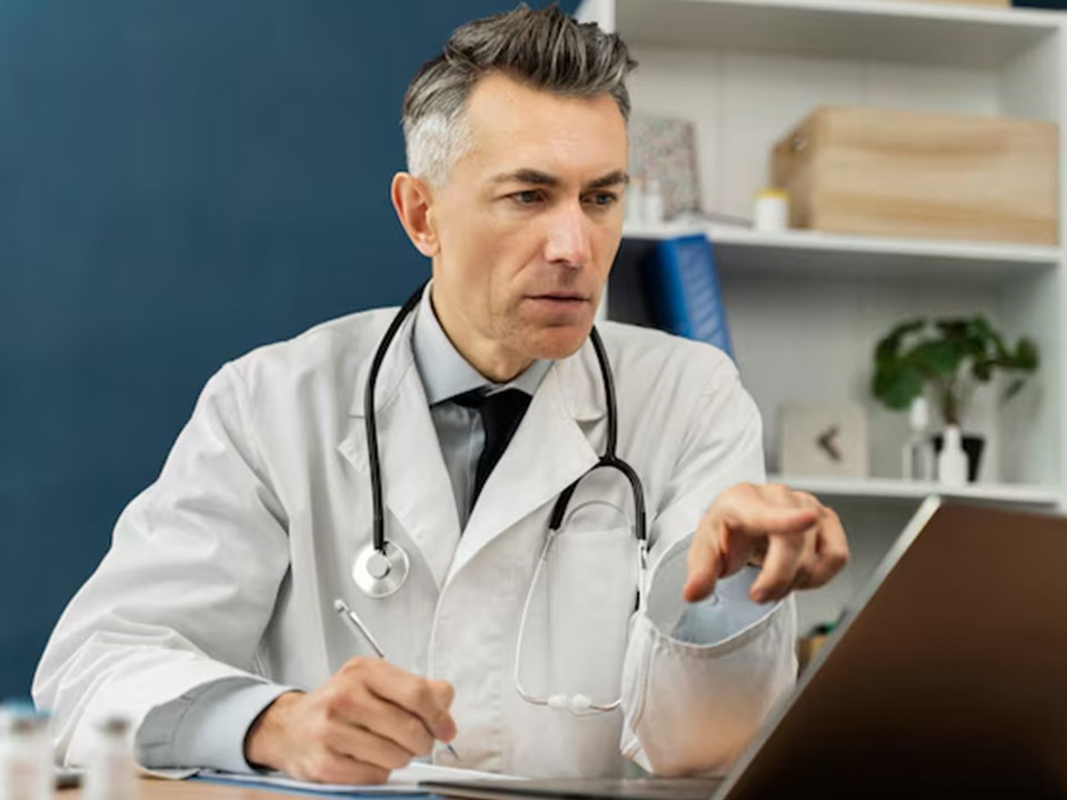 Médico señalando su laptop y tomando notas, utilizando un software de historias clínicas para actualizar datos y compartiendo documentos clínicos con sus pacientes.
