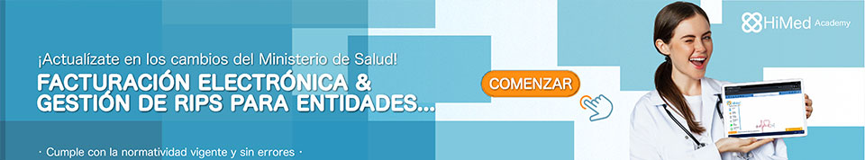 Doctora sonriendo mientras sostiene una tablet con la plataforma de HiMed, destacando un curso sobre Facturación Electrónica y gestión de RIPS para entidades de salud.